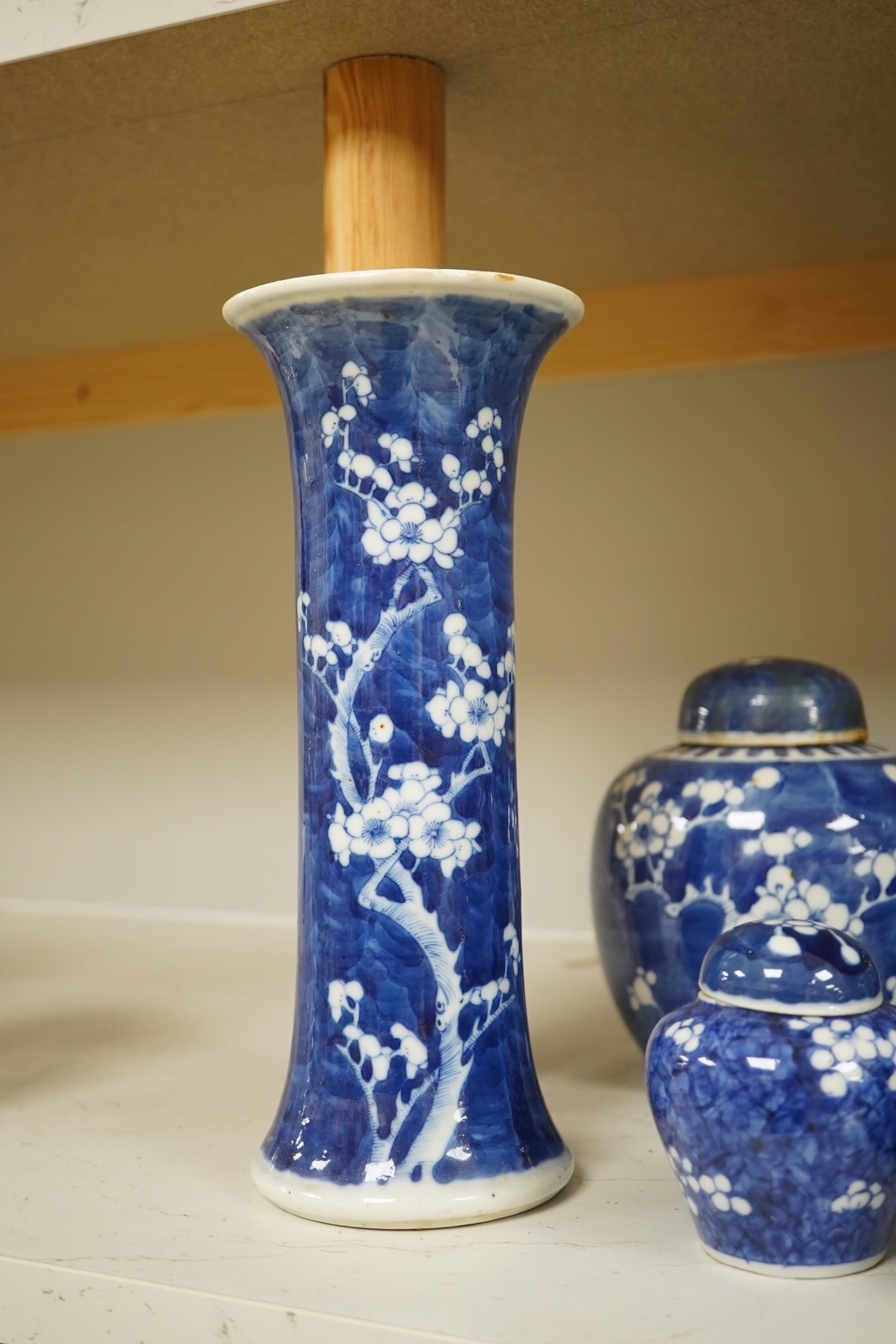 Eight Chinese blue and white ginger jars, one prunus vase and two others, the vase 25cm high. Condition - varies